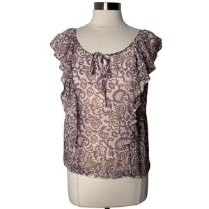 American Eagle Y2K Womens Sheer Paisley Ruffle Tie Neck Blouse Size Medium‎